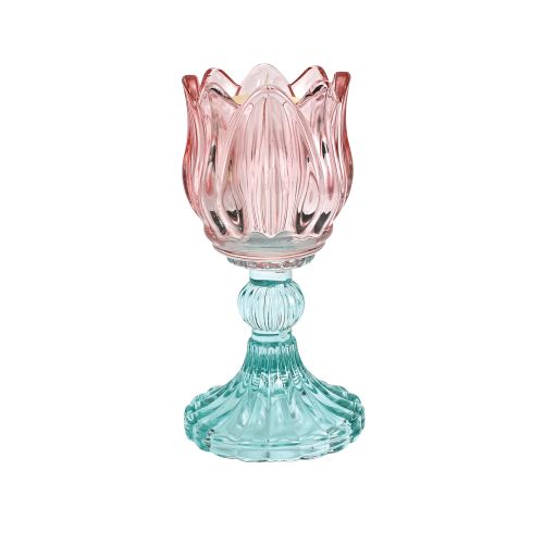 Candeliere vetro rosa con candela profumo vaniglia