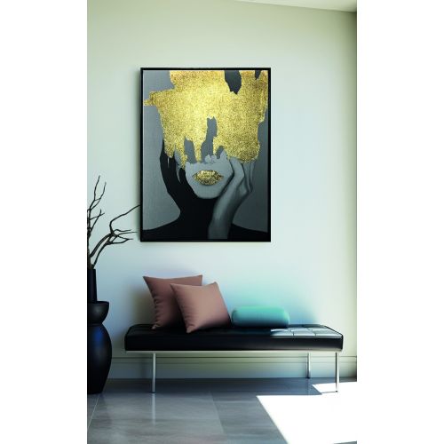 Quadro tela stampata dipinta con foglia oro soggetto "donna"