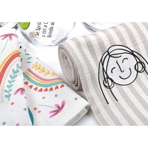 Set 2 strofinacci 100% cotone decoro essere felici+mangiare bene