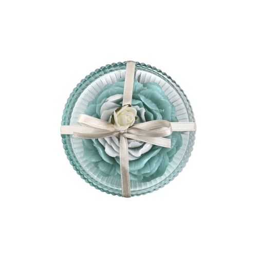 Piattino in vetro effetto cristallo con saponetta fiore color azzurro