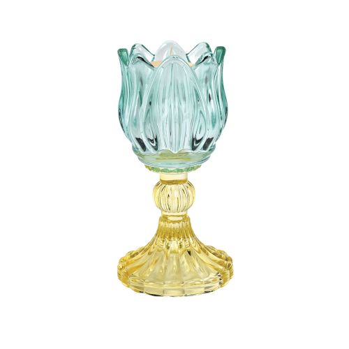 Candeliere vetro azzurro con candela profumo vaniglia