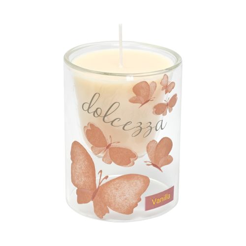 Candela in vetro borosilicato, cera avorio, fragranza vaniglia
