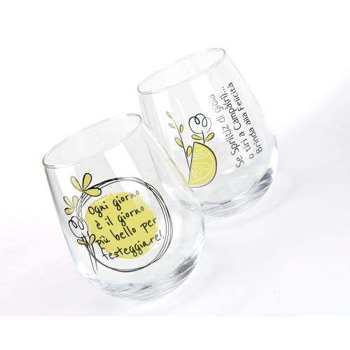 Set 2 bicchieri in vetro decoro "brinda alla felicita'"