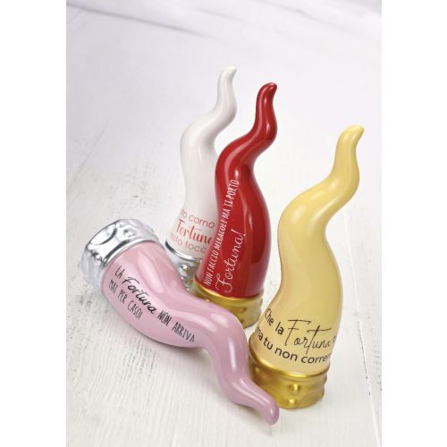 Corno in kergres bianco dec "questo corno porta fortuna"