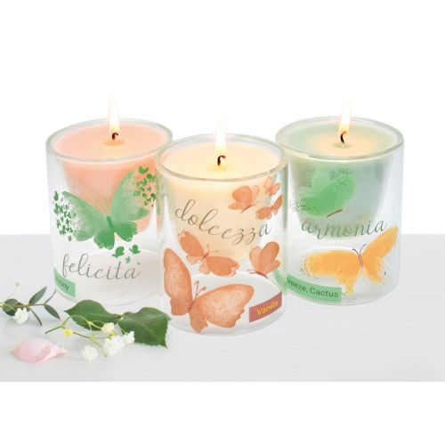 Candela in vetro borosilicato, cera avorio, fragranza vaniglia