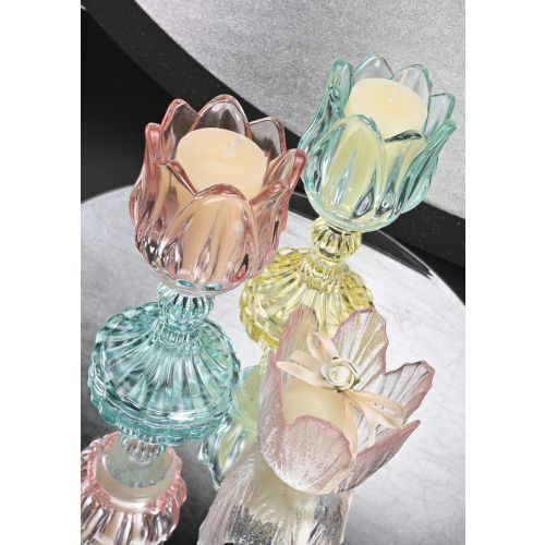 Candeliere vetro rosa con candela profumo vaniglia