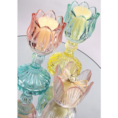 Candeliere vetro azzurro con candela profumo vaniglia