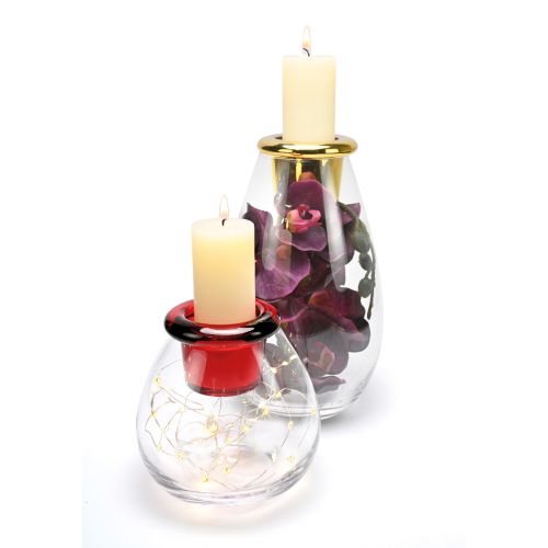 Candeliere vetro trasparente /oro con bacche e pigne
